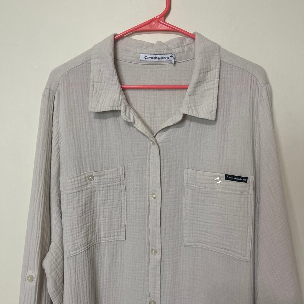 Calvin Klein Jeans Women's Plus Size Button Up‎ Shirt Cotton Shirt Beige 2X - Picture 3 of 12